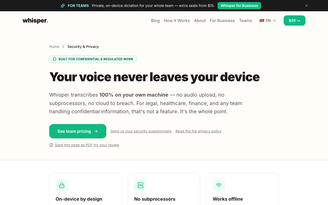 Security page with the data-flow table