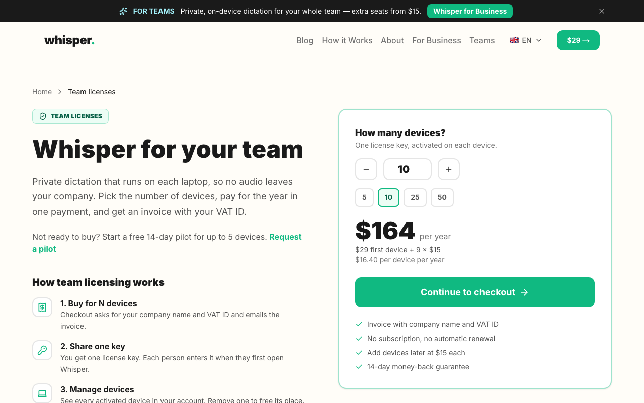Team licensing and price picker